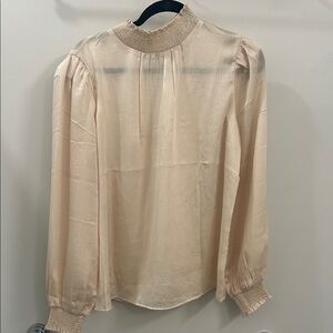 Express Cream Smocked Neck Long Sleeve Blouse